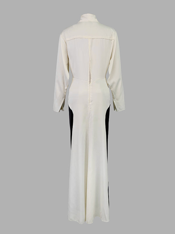 Long Sleeves Loose Contrast Color V-neck Evening Dresses Maxi Dresses