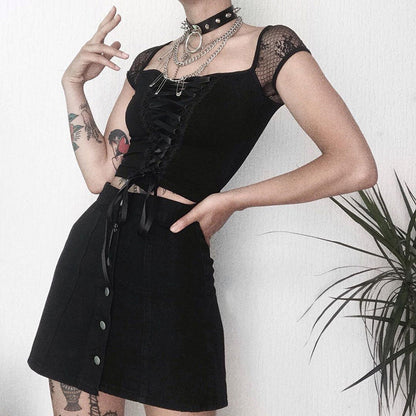 Sexy Lace-Accent Square Neck Short Sleeve Top