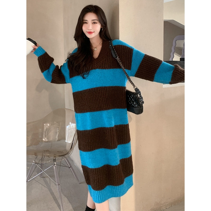 Stylish Loose Striped V-Neck Sweater Dresses