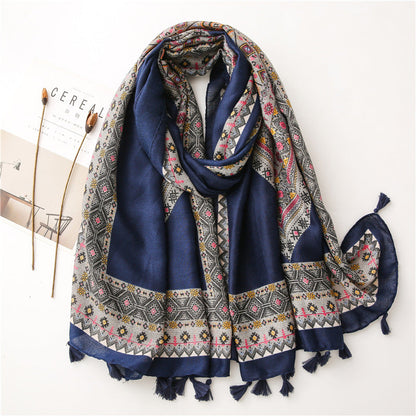 Women'S New Diamond Checkered Artistic Style Square Printed Cotton Linen Soft Long Scarves With Sun Shading Shawl