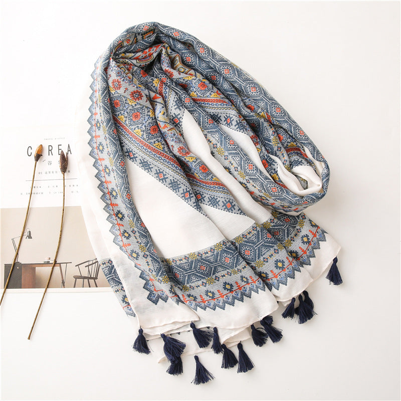 Women'S New Diamond Checkered Artistic Style Square Printed Cotton Linen Soft Long Scarves With Sun Shading Shawl