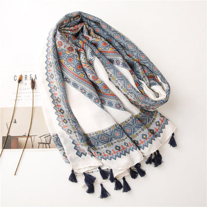 Women'S New Diamond Checkered Artistic Style Square Printed Cotton Linen Soft Long Scarves With Sun Shading Shawl