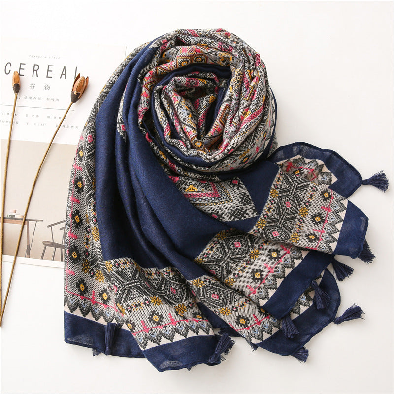 Women'S New Diamond Checkered Artistic Style Square Printed Cotton Linen Soft Long Scarves With Sun Shading Shawl