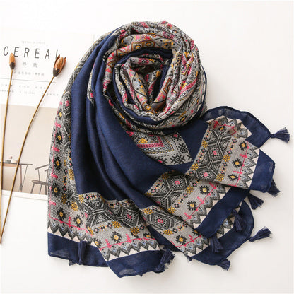 Women'S New Diamond Checkered Artistic Style Square Printed Cotton Linen Soft Long Scarves With Sun Shading Shawl