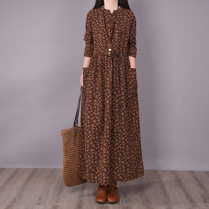 Retro Disc Button Small Broken Flower Casual Lace Up Thin Medium And Long Sleeve Big Swing Dress For Women