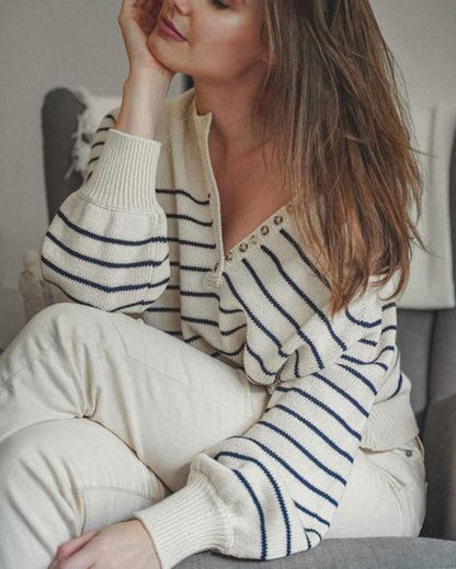 Black And White Striped T-Shirt Button Round Neck Bubble Sleeve Top Women'S Loose Long Sleeve Sweater