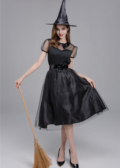 Women Black Polyester Witch Costume Dress Set
