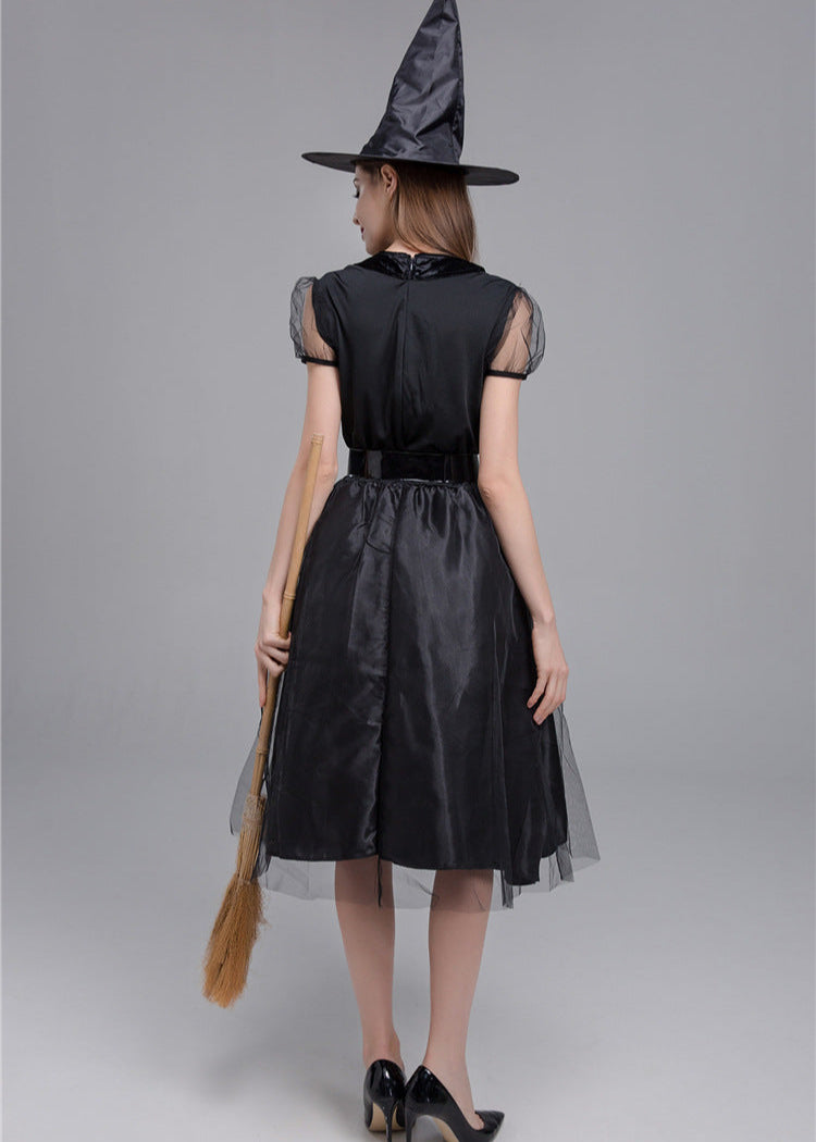 Women Black Polyester Witch Costume Dress Set