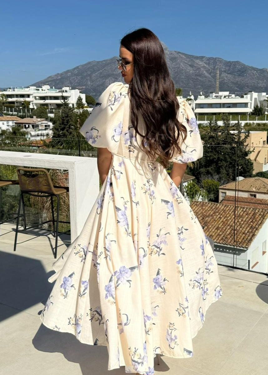 Floral Puff Sleeve Maxi Dress In Lightweight Fabric