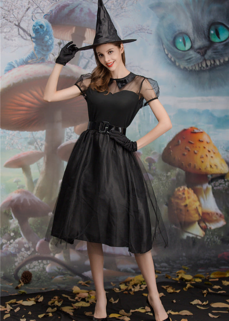 Women Black Polyester Witch Costume Dress Set