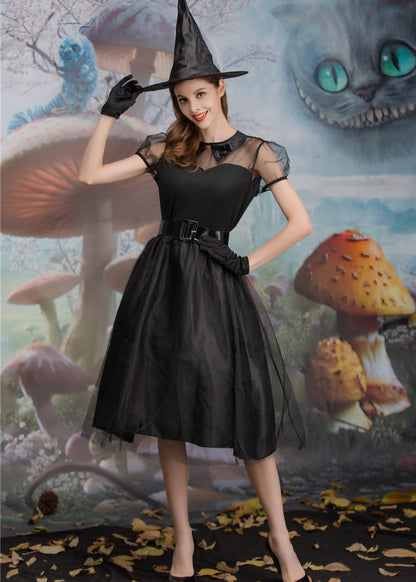 Women Black Polyester Witch Costume Dress Set