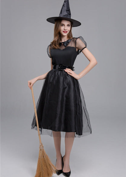 Women Black Polyester Witch Costume Dress Set