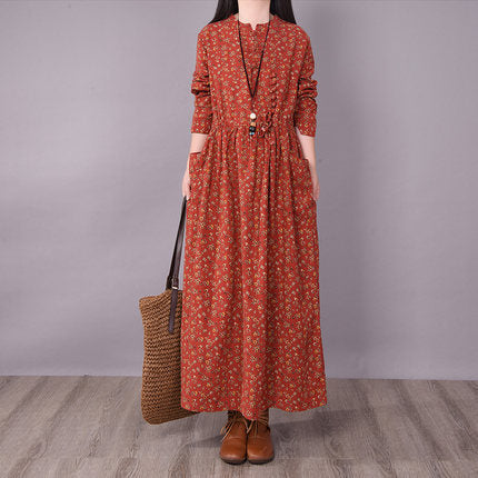 Retro Disc Button Small Broken Flower Casual Lace Up Thin Medium And Long Sleeve Big Swing Dress For Women
