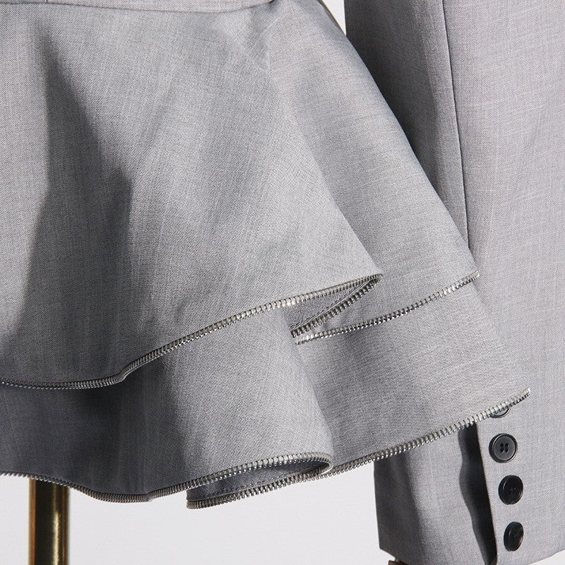 Solid Color Long Sleeve Lapel Buttoned Ruffled Slim Blazer Outerwear