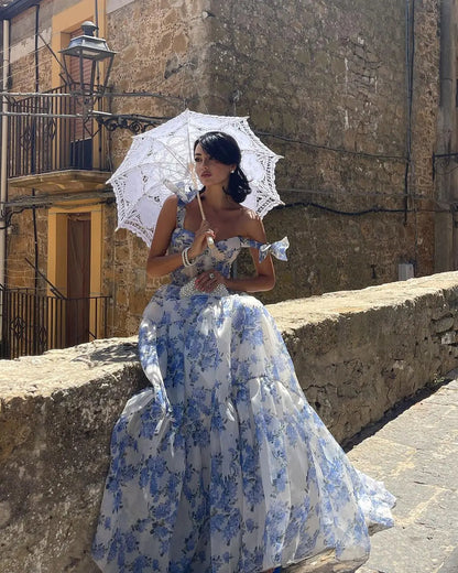Floral Tie Strap Maxi Dress In Blue