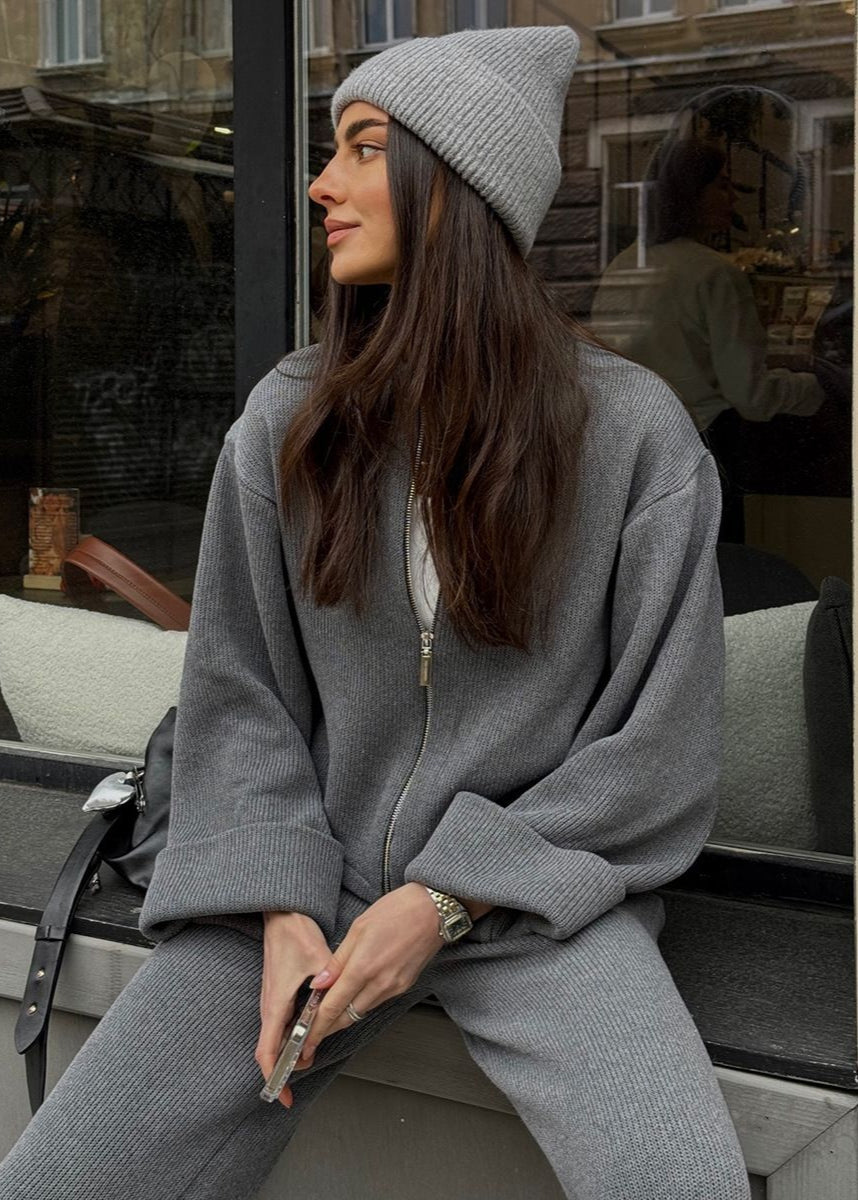 Knit Lounge Set Ribbed Blend Zip Jacket And Wide-Leg Pants