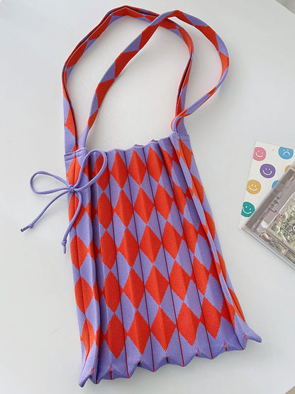 Contrast Color Drawstring Pleated Rhombus Woven Handbags