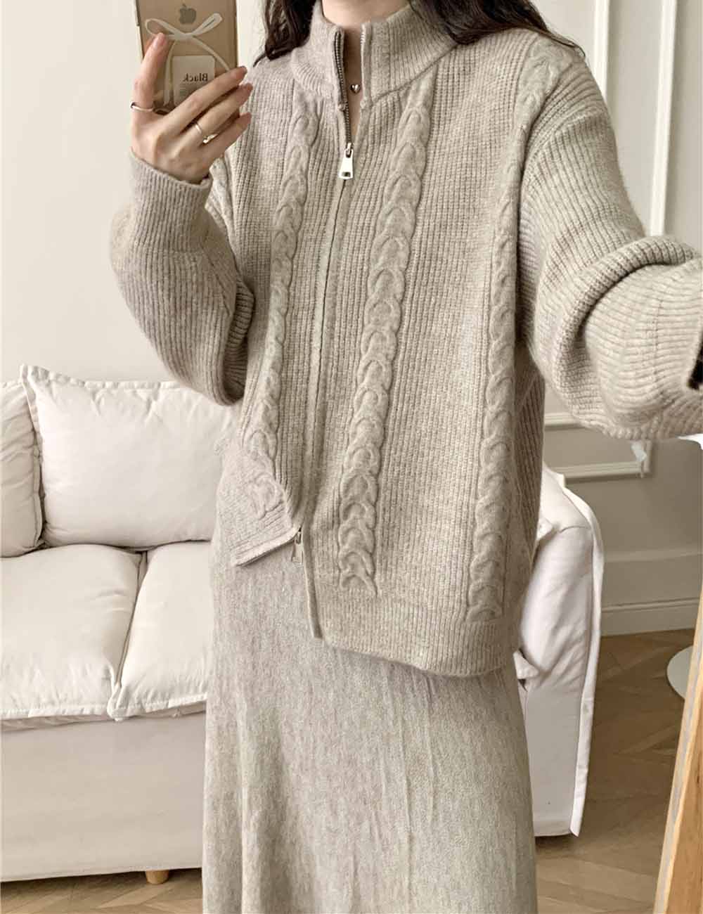 2 Pcs Fall Zip-Up Cardigan Maxi Skirt Set