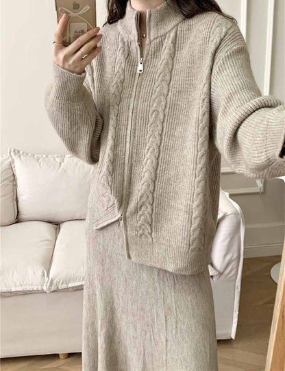 2 Pcs Fall Zip-Up Cardigan Maxi Skirt Set