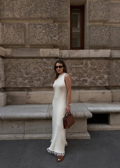 Sleeveless Knit Maxi Dress With Fringe Hem