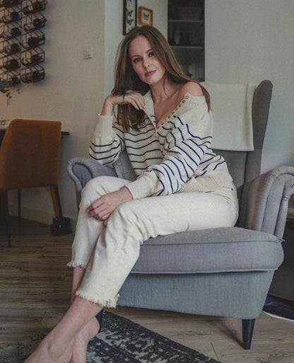 Black And White Striped T-Shirt Button Round Neck Bubble Sleeve Top Women'S Loose Long Sleeve Sweater
