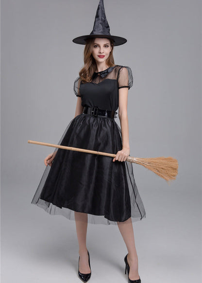 Women Black Polyester Witch Costume Dress Set