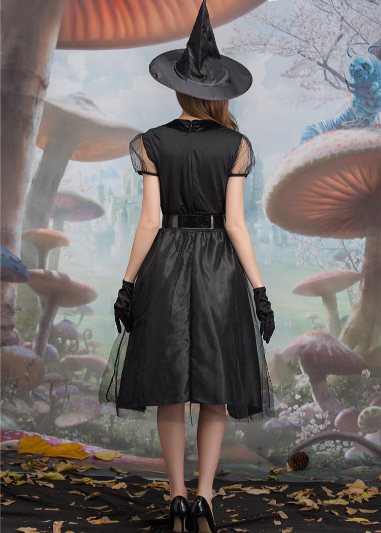 Women Black Polyester Witch Costume Dress Set