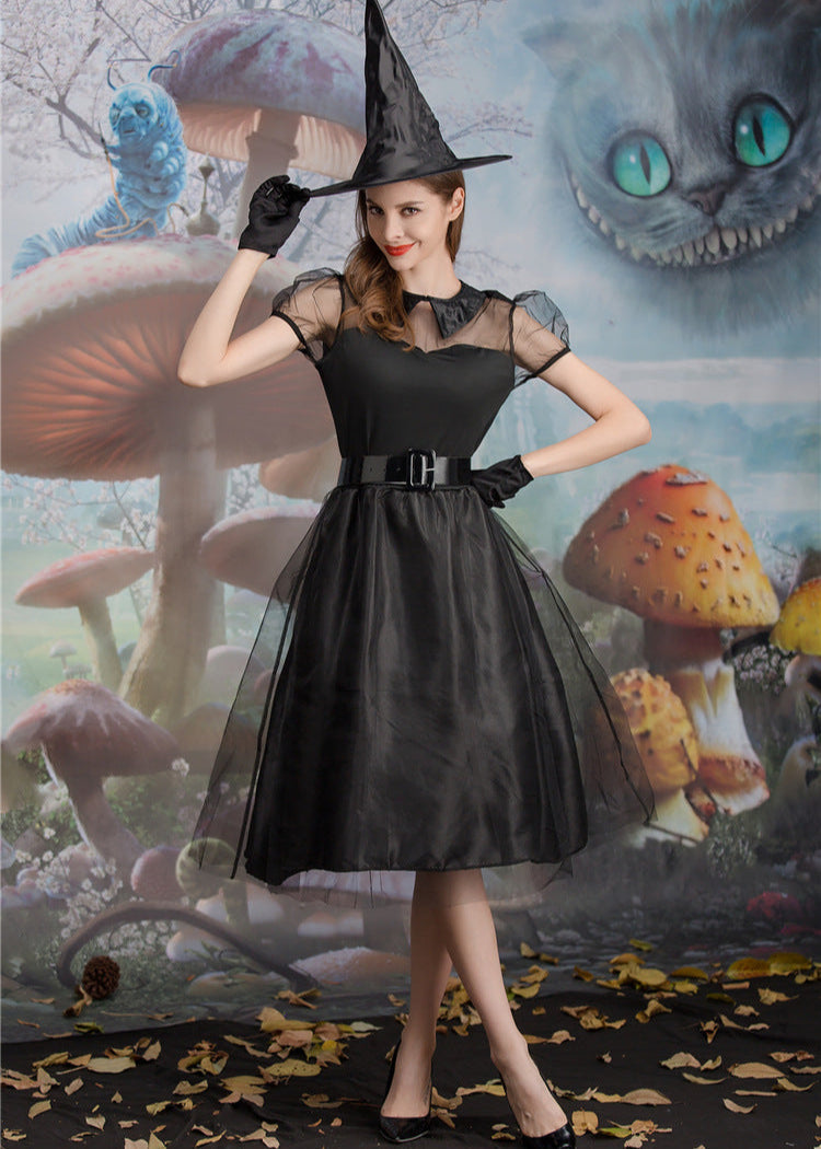 Women Black Polyester Witch Costume Dress Set