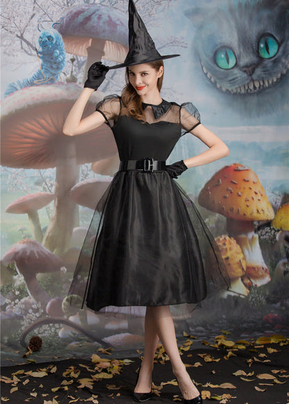 Women Black Polyester Witch Costume Dress Set