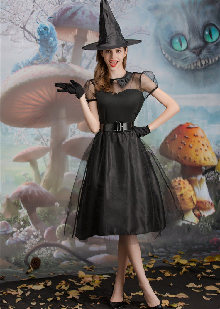 Women Black Polyester Witch Costume Dress Set
