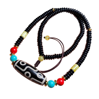 Tibetan Nine-Eyed Beads Clavicle Chain Old Agate Beads With Beeswax Cinnabar Beads Necklace