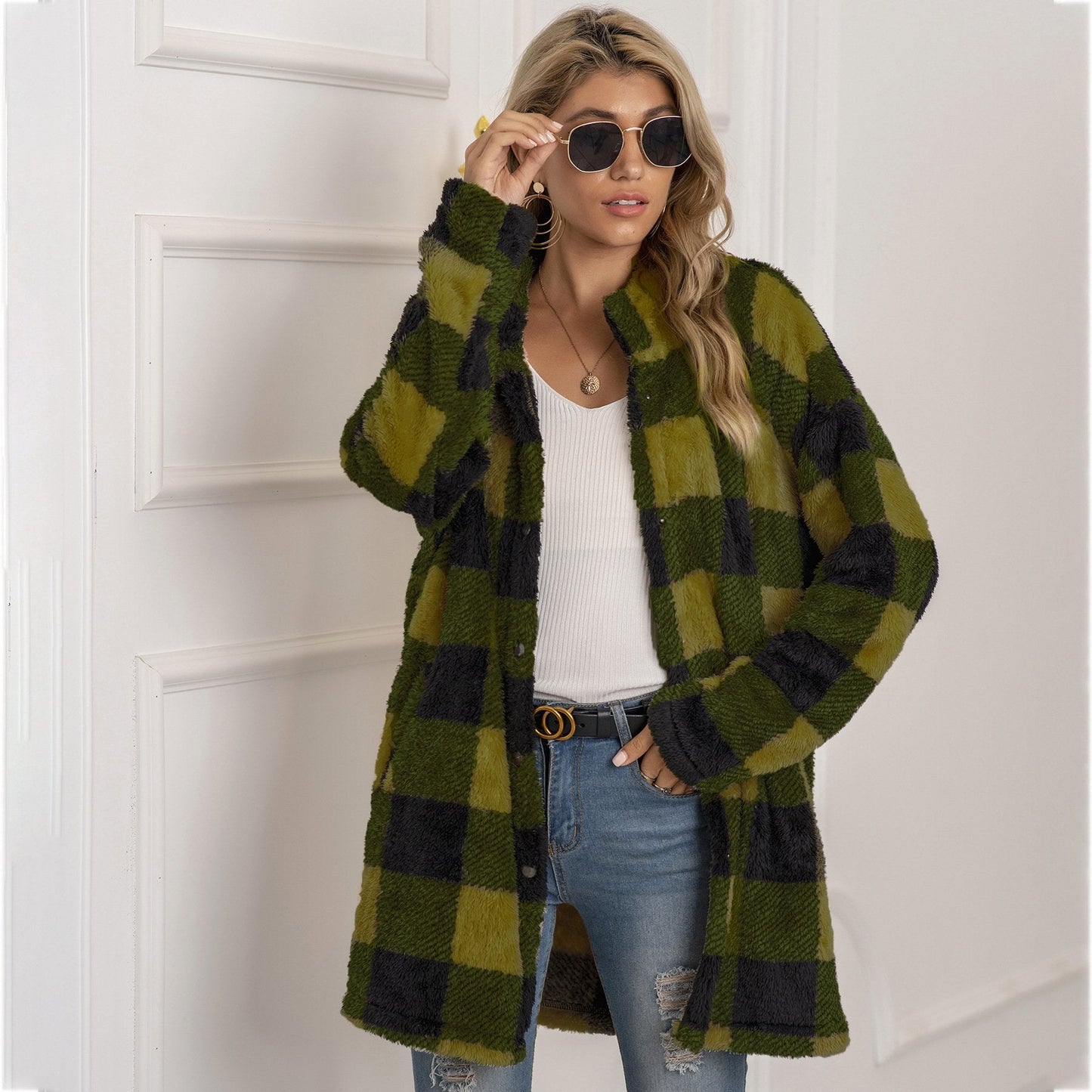 Autumn Winter Sweater Cardigan Amazon Hot Contrast Plaid Long Coat