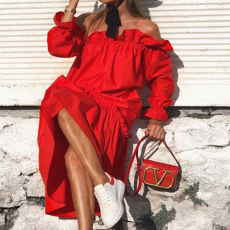 Fd106 Early Autumn 2021 New Pop-Up Dress Irregular Off-The-Shoulder Shoulder Skirt