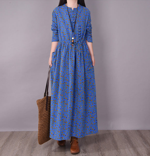 Retro Disc Button Small Broken Flower Casual Lace Up Thin Medium And Long Sleeve Big Swing Dress For Women