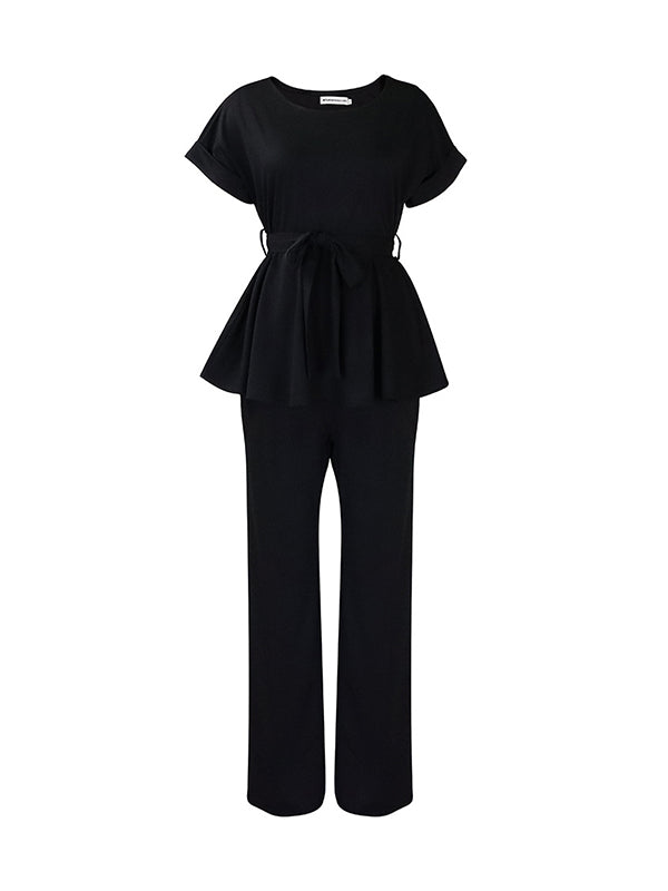 Solid Color Short Sleeves Tied Waist Round-Neck Shirts Top + High Waisted Pants Bottom Two Pieces Set
