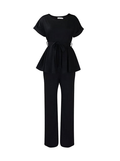 Solid Color Short Sleeves Tied Waist Round-Neck Shirts Top + High Waisted Pants Bottom Two Pieces Set