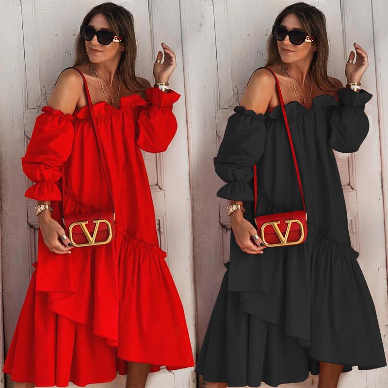 Fd106 Early Autumn 2021 New Pop-Up Dress Irregular Off-The-Shoulder Shoulder Skirt