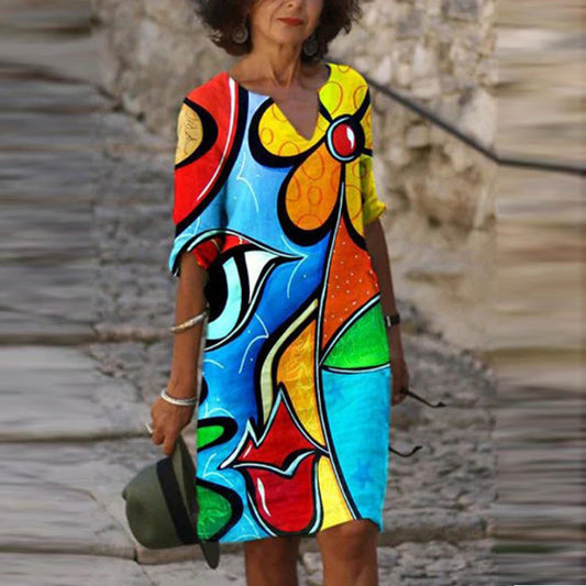 V-Neck Floral Print Retro Midi Dress For Women