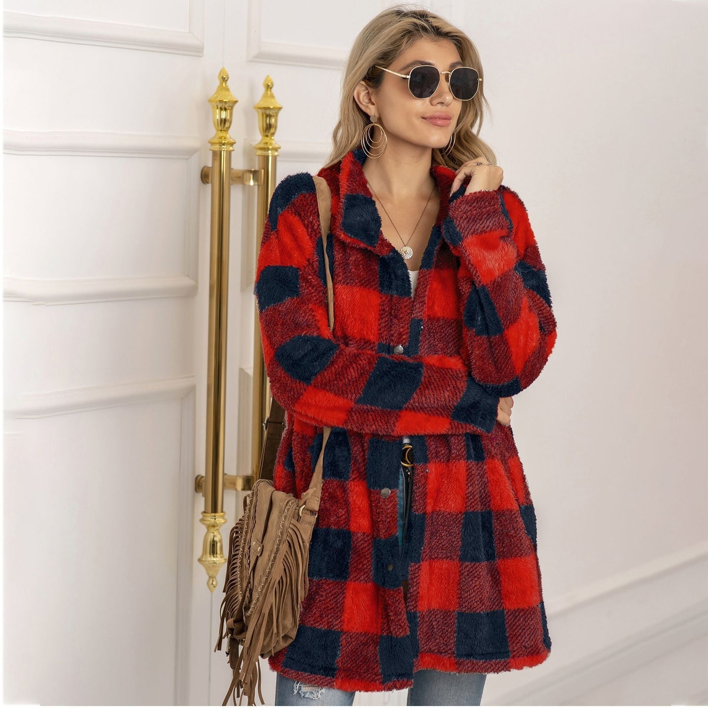 Autumn Winter Sweater Cardigan Amazon Hot Contrast Plaid Long Coat
