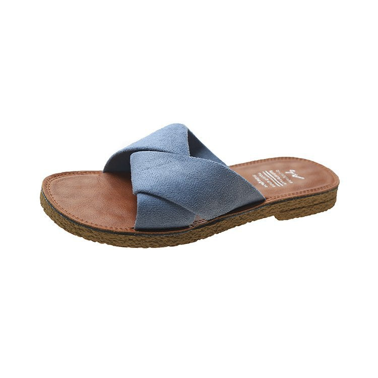 Summer Outerwear Flat Bottomed Cross Over Women'S Slippers With One Line Suede Surface