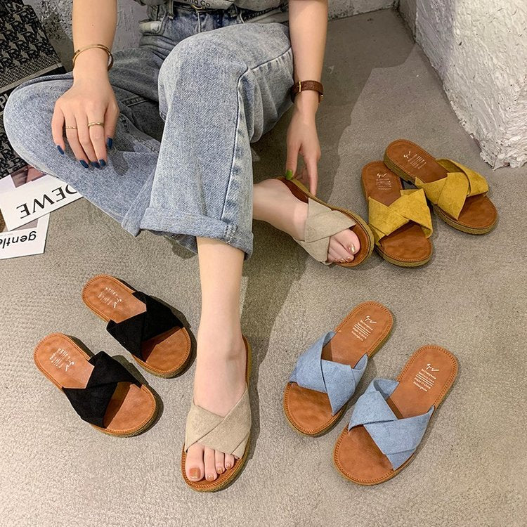 Summer Outerwear Flat Bottomed Cross Over Women'S Slippers With One Line Suede Surface