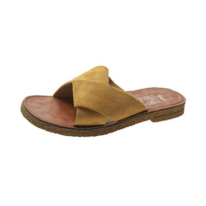 Summer Outerwear Flat Bottomed Cross Over Women'S Slippers With One Line Suede Surface