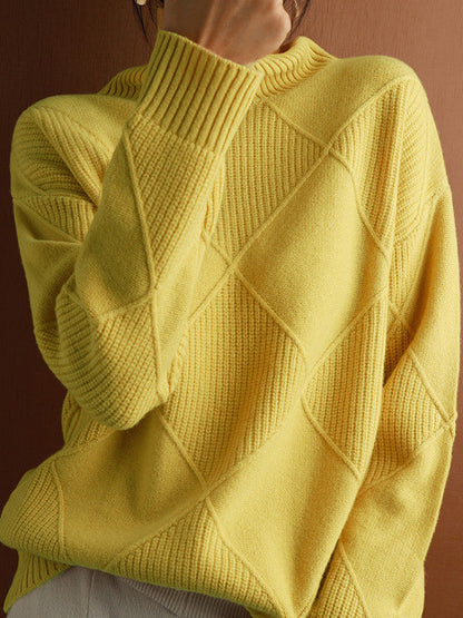 Loose Rhombus Solid Color High-Neck Sweater Tops