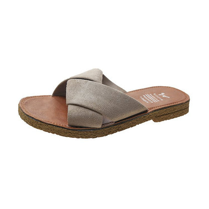 Summer Outerwear Flat Bottomed Cross Over Women'S Slippers With One Line Suede Surface
