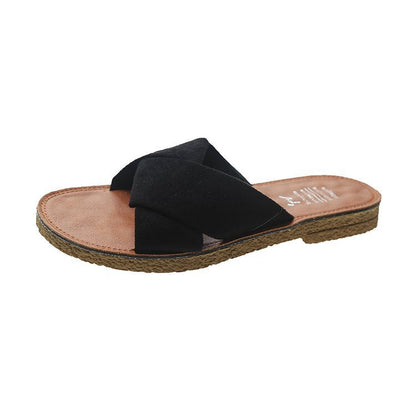 Summer Outerwear Flat Bottomed Cross Over Women'S Slippers With One Line Suede Surface