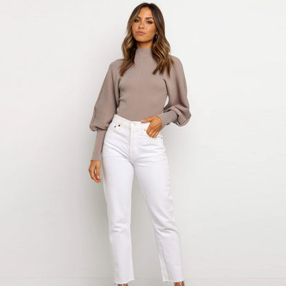 Sweater Women'S Solid Color Knitted Lantern Sleeve Long Sleeve Turtleneck Turtleneck Cardigan
