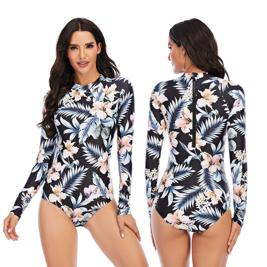 One-Piece Long-Sleeved Surf Suit Sunscreen Women'S Swimsuit Hot Spring Diving Suit Sexy Swimsuit Ani Flower
