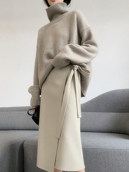 Long Sleeves Loose Pleated Solid Color Split-Joint High Neck Sweater