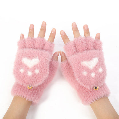 Cute Animal Paw Fingerless Gloves Plush Winter Mittens