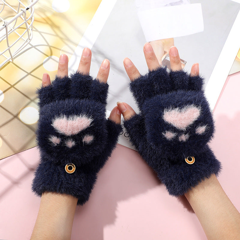 Cute Animal Paw Fingerless Gloves Plush Winter Mittens
